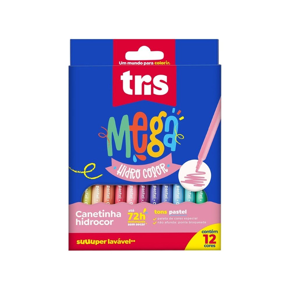 Caneta Hidrocor 12 Cores Tons Pastel Mega Hidro Color Tris