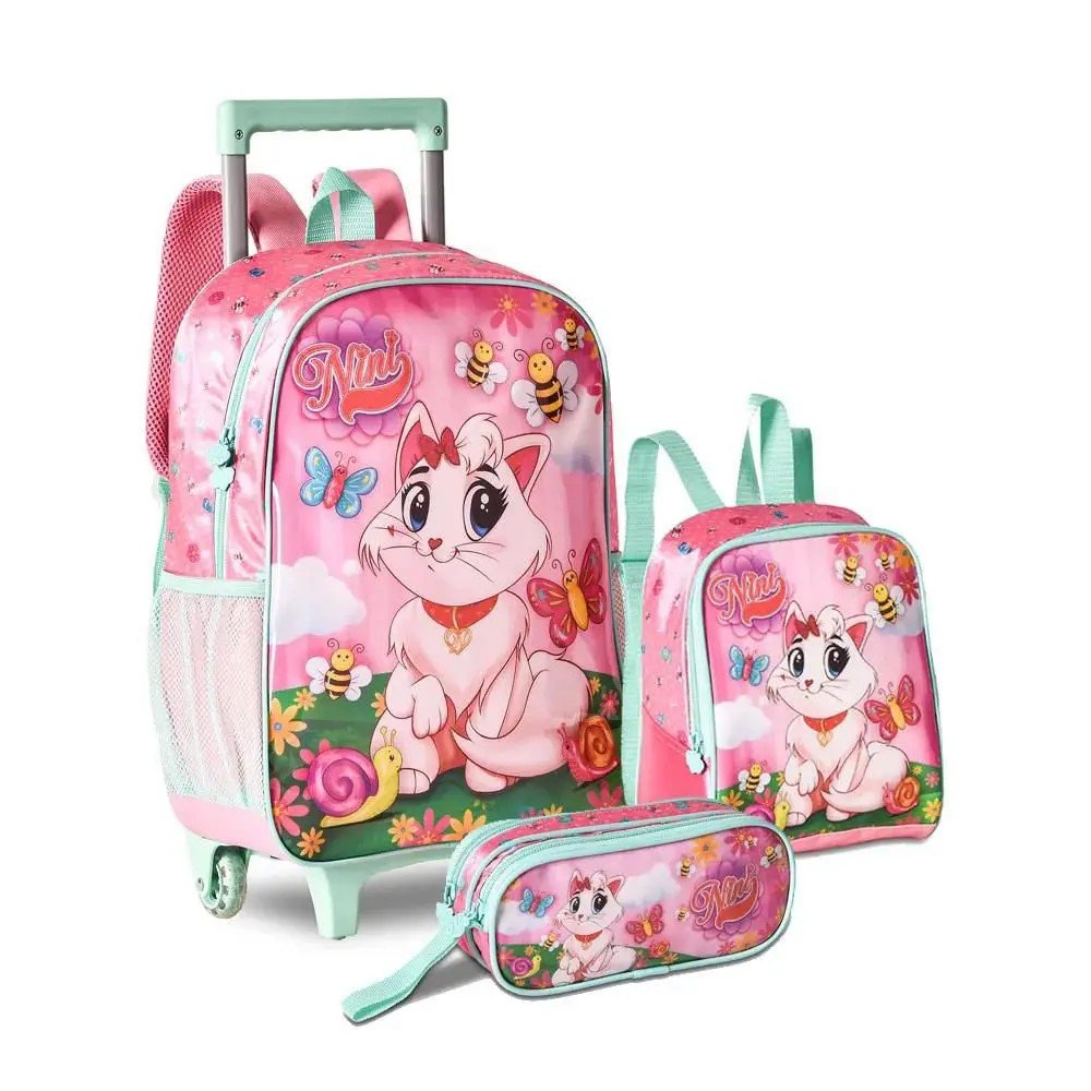 Kit Mochila Infantil Escolar Com Rodinhas Gata Marie