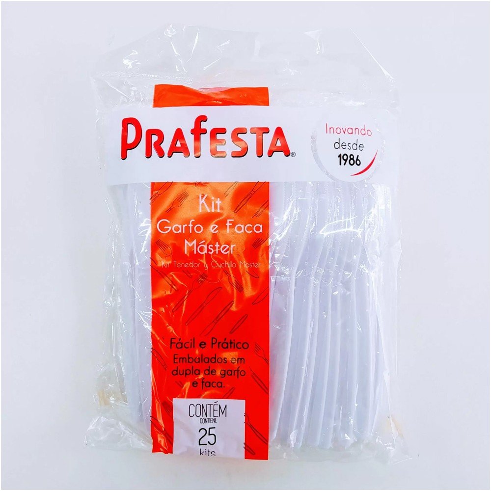 Kit Garfo e Faca Refeição Branco Master Sachê Pacote 25 cj.