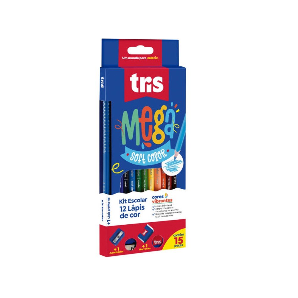 Lápis de Cor 12 Cores + Lápis Apontador e Borracha Mega Tris