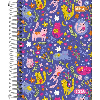 Agenda Pepper 2026 Feminina Azul Gatos Espiral  160 Folhas Tilibra