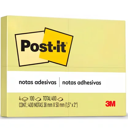 Bloco Adesivo Post-it 38mm x 50mm Amarelo C/ 4x100fls 3M