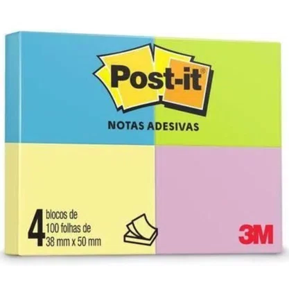 Bloco Adesivo Post-it 38mm x 50mm Cores Neon C/ 4un 3M