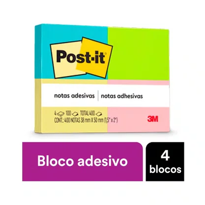 Bloco Adesivo Post-it 38mm x 50mm Cores Neon C/ 4un 3M