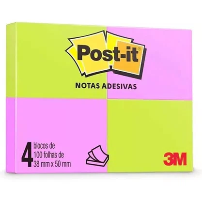 Bloco Adesivo Post-it 38mm x 50mm Neon 4 Blocos C/ 100un 3M Bloco Adesivo Post-it 38mm x 50mm Neon 4 Blocos C/ 100un 3M