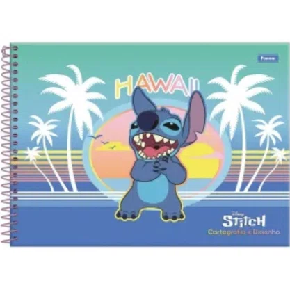 Caderno de Desenho Espiral Capa Dura 80 Folhas Azul Hawaii Stitch Foroni