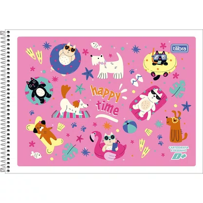Caderno de Desenho Espiral Capa Flexível 96 Folhas Rosa Cachorros D+ Tilibra