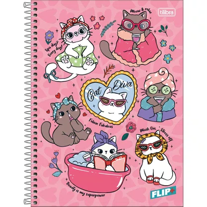 Caderno Espiral Universitário Capa Dura 200 Fls Rosa Gatos Flip+ Tilibra