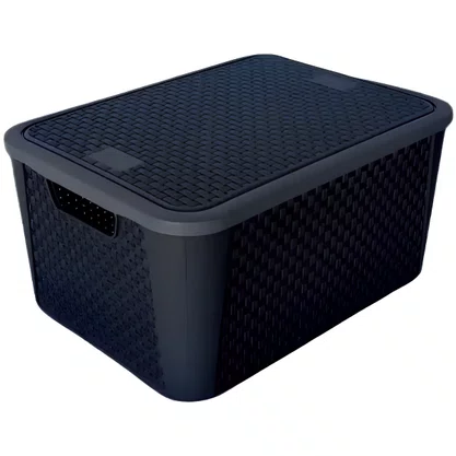 Caixa Organizadora Plástica Rattan Preta c/ Tampa 17L - Plasnew Ref. 2061