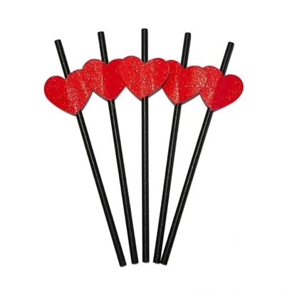 Canudo Vitamina Preto Papel C/ Coração Vermelho Yoss C/ 12un