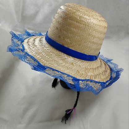 Chapéu de Palha Renda Azul com Trança Preta Importado