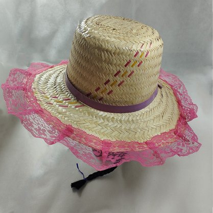 Chapéu de Palha Renda Pink com Trança Preta Importado