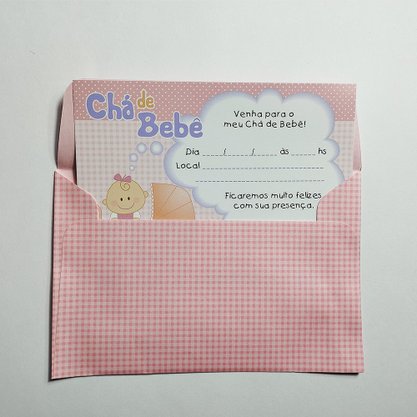 Convite Chá De Bebê Rosa com Envelope C/08 Unidades UltraFest