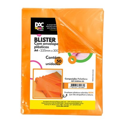 Envelope Plástico A4 Colorido Laranja Neon com 50 unidades
