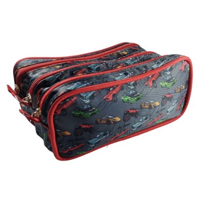 Estojo Três Divisórias Médio Cinza Carros Ac Bag