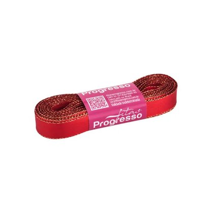 Fita Cetim 15mm Vermelho Borda Ouro Cor 209 C/ 10m Progresso