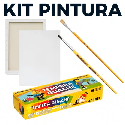 Kit de Pintura com Tela + 02 Pinceis + 12 Tinta Guache