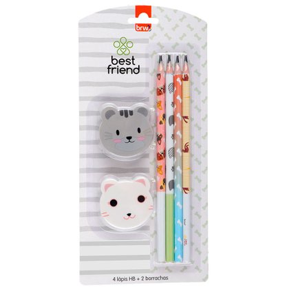 Kit Escolar 4 Lápis Grafite Estampados e 2 Borrachas Zoo Brw