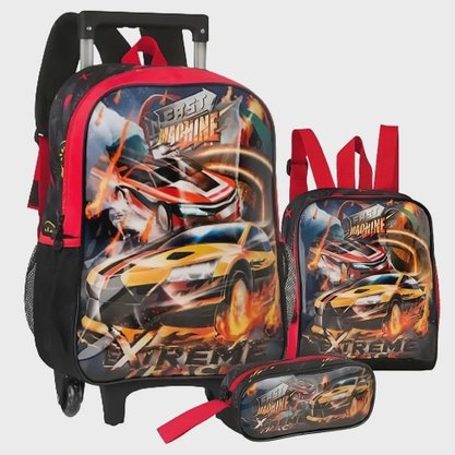 Kit Escolar Mochila Com Rodas Lancheira Térmica e Estojo Vermelho Fast Machine Clio