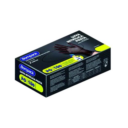 Luva Vinil Nitrílica Preta Tam M Sem Pó Bompack Caixa com 100 unidades