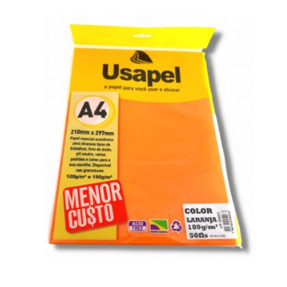 Papel Color Laranja A-4 180g 50fls Usapel