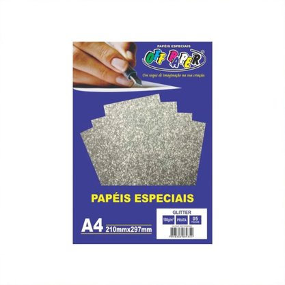 Papel Gliter Prata A-4 180g Off Paper C/ 05 Fls