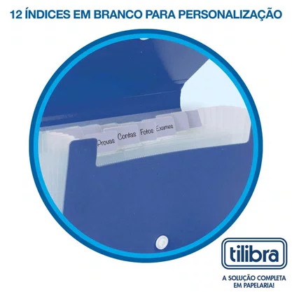 Pasta Sanfonada Plástica A4 c/ 12 Divisórias Azul Tilibra