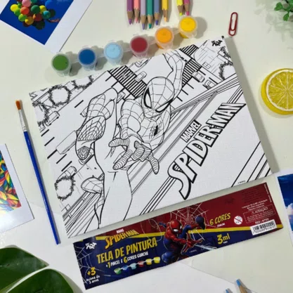 Tela Pintura Homem Aranha com 6 Guaches 3ml + Pincel DAC