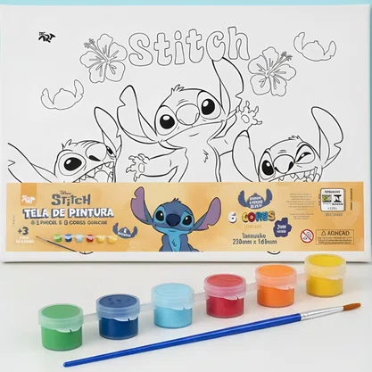 Tela Pintura Stitch com 6 Guaches 3ml + Pincel DAC