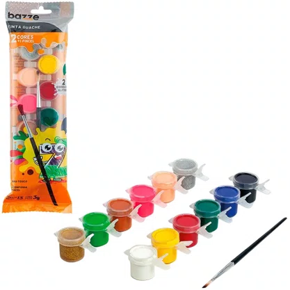 Tinta Guache 12 Cores + 2 Cores Glitter 3g + 1 Pincel Bazze