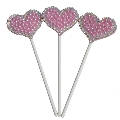 Topper Bolo Coração Rosa C/ Perola C/ 03 Un