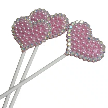 Topper Bolo Coração Rosa C/ Perola C/ 03 Un