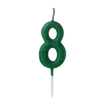 Vela Número 8 Verde com Glitter Pequena Silver Festas