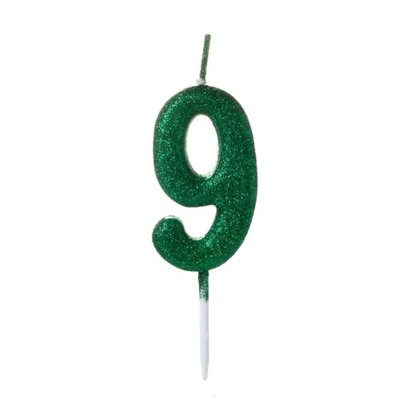Vela Número 9 Verde com Glitter Pequena Silver Festas