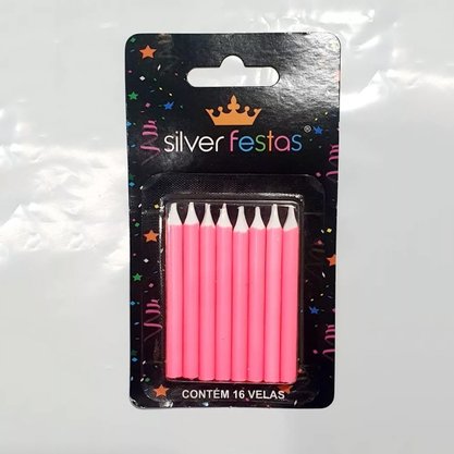 Vela Palito Rosa 16 Unidades Silver Festas