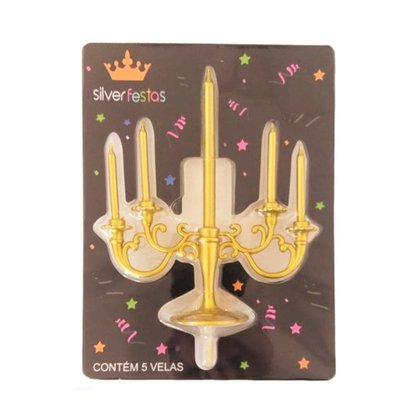 Vela Temática Castiçal Dourada Com 5 Velas Silver Plastic