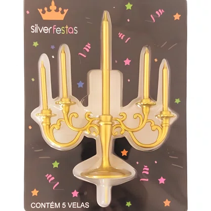Vela Temática Castiçal Dourada Com 5 Velas Silver Plastic