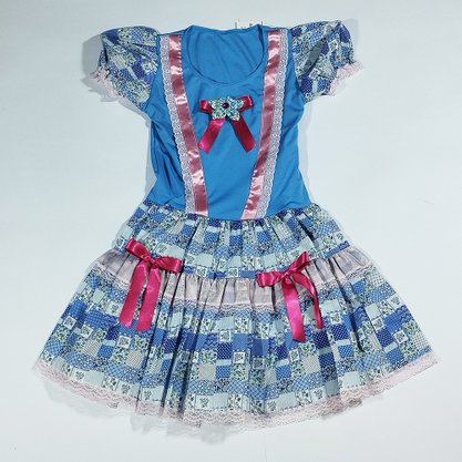 Vestido Junino Caipira Tamanho Nº12 Azul Jeitinho de Anjo