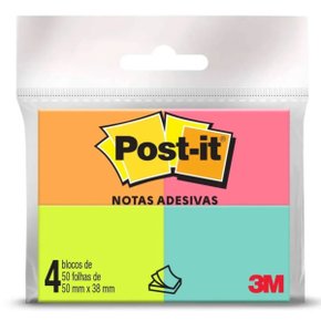 Bloco Adesivo Post It 38mm x 50mm Neon 200 Folhas 3M