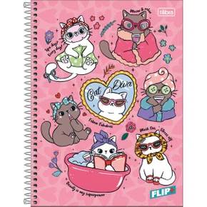 Caderno Espiral Universitário Capa Dura 200 Fls Rosa Gatos Flip+ Tilibra