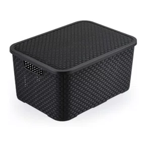 Caixa Organizadora Plástica Rattan Preta c/ Tampa 42L - Plasnew Ref. 2071