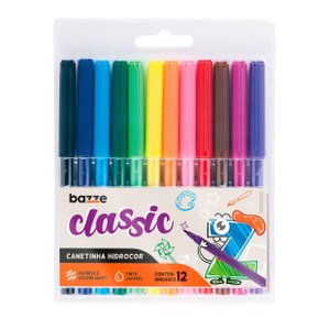 Caneta Hidrocor 12 Cores Ponta Fina Classic Wave Bazze
