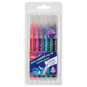 Caneta Hidrocor 6 Cores Com Glitter Ponta Fina Cosmos Tris