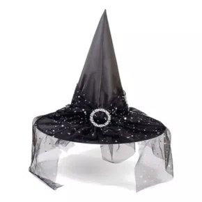 Chapéu de Bruxa Preto Liso com Véu Roxo/Preto/Laranja e Fivela