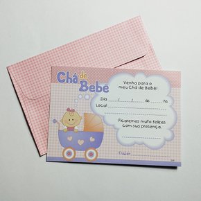 Convite Chá De Bebê Rosa com Envelope C/08 Unidades UltraFest