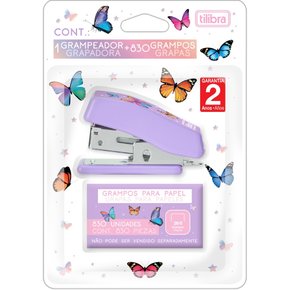 Grampeador Metálico 12f 830 Grampos Lilás Borboleta Tilibra