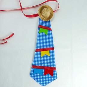 Gravata Junina Tecido com Chapeuzinho Xadrez Azul 4 Cabeças