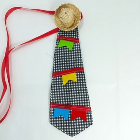 Gravata Junina Tecido com Chapéu Xadrez Preto 4 Cabeças