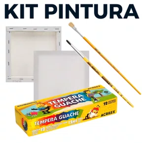 Kit de Pintura com Tela 20x20 + 02 Pinceis + 12 Tinta Guache