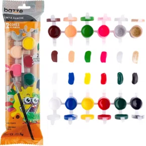 Tinta Guache 12 Cores + 2 Cores Glitter 3g + 1 Pincel Bazze
